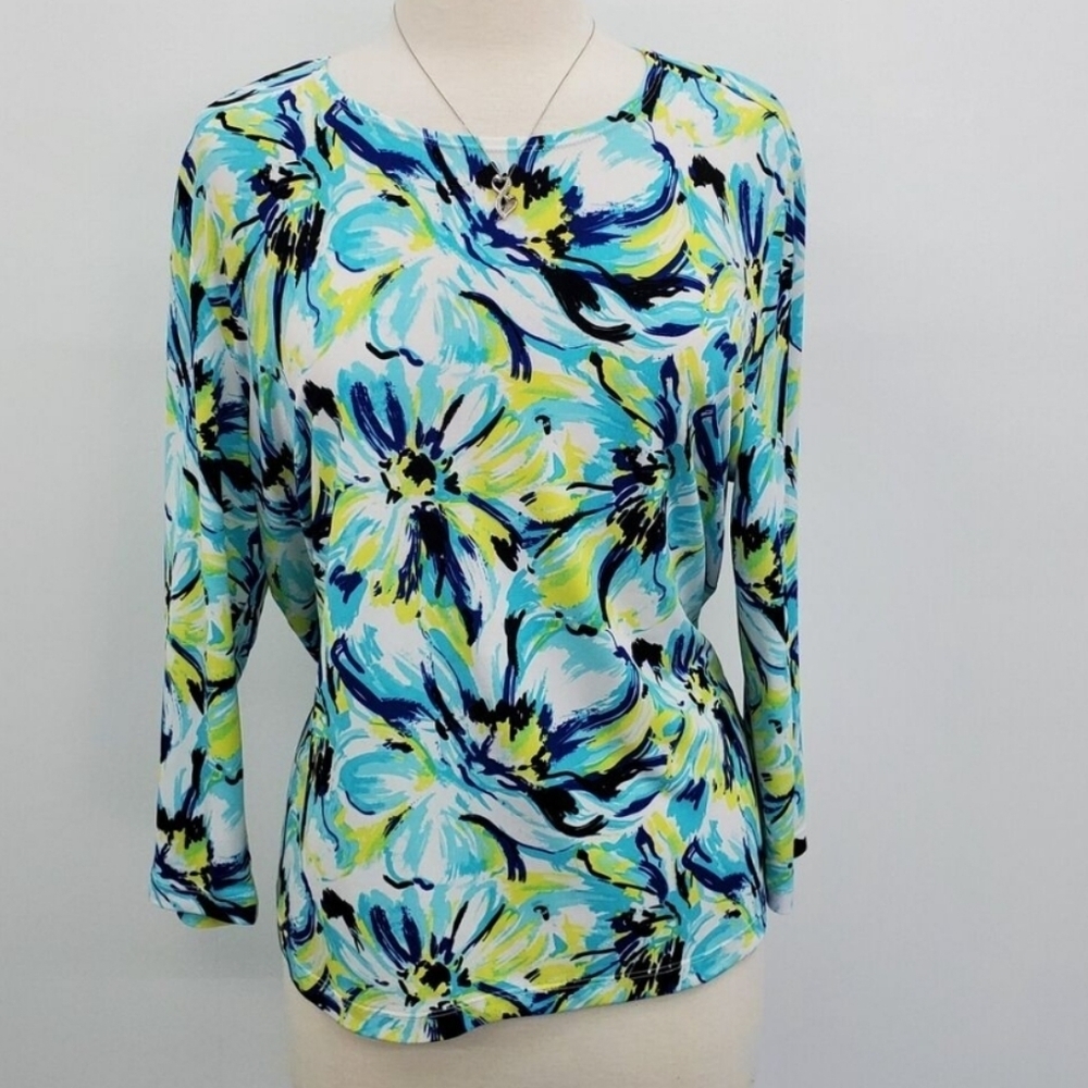Laura Ashley Woman's Stretch Floral Multicolor 3/4 Sleeve Blouse Top Sz 1X